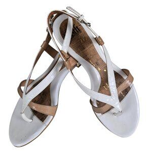 Sofft Bali Flat Sandals 9M White Tan Patent Cork Footbed Buckle Closure